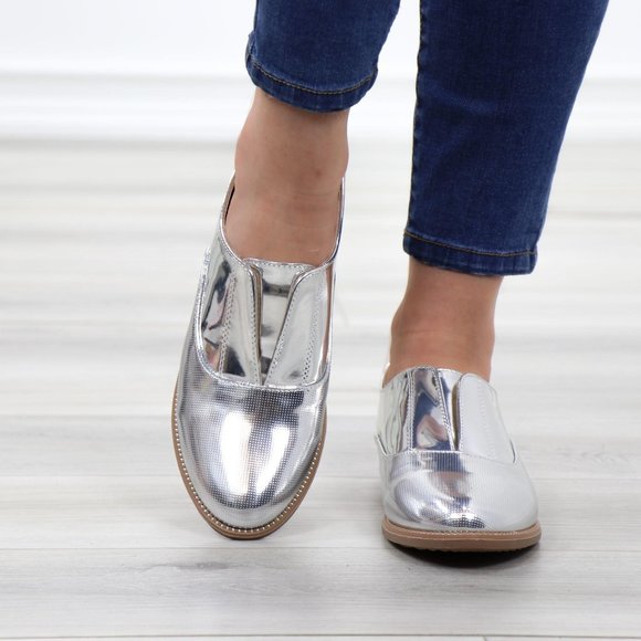 Silver Patent Flat Slip On Oxford Loafers - Picture 11 of 15